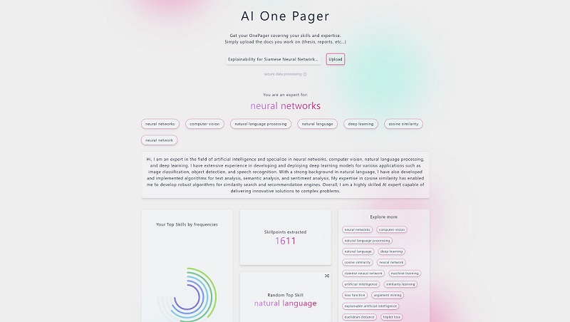 Screenshot of AI OnePager application interface